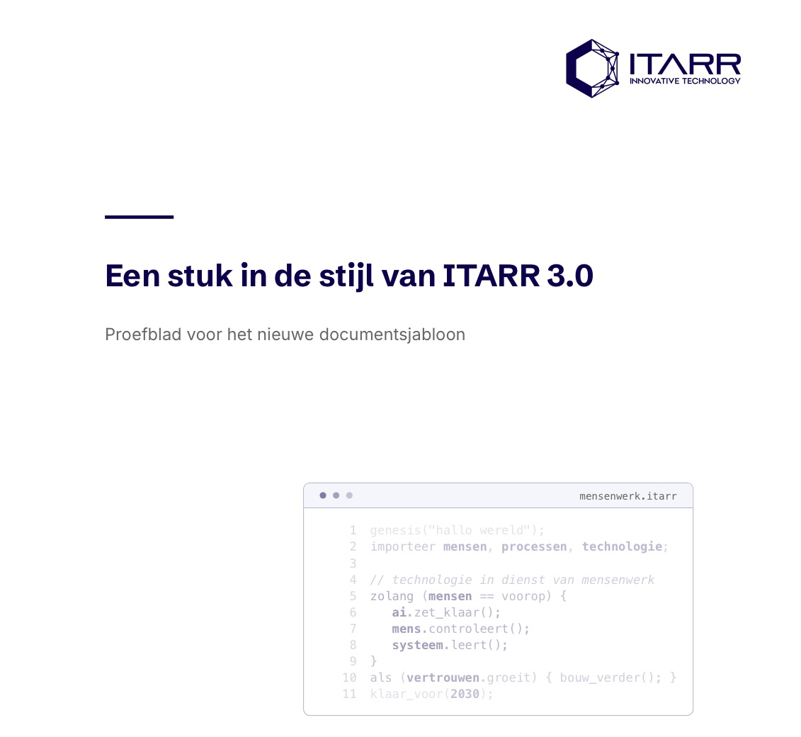 De omslag van een proefdocument: rechtsboven het oude ITARR-logo, een vette titel, en een venster met programmacode.