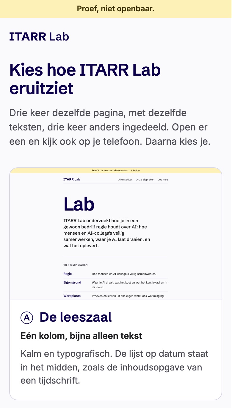 Een telefoonscherm met de kop Kies hoe ITARR Lab eruitziet en een kaart van de eerste proef, De leeszaal.