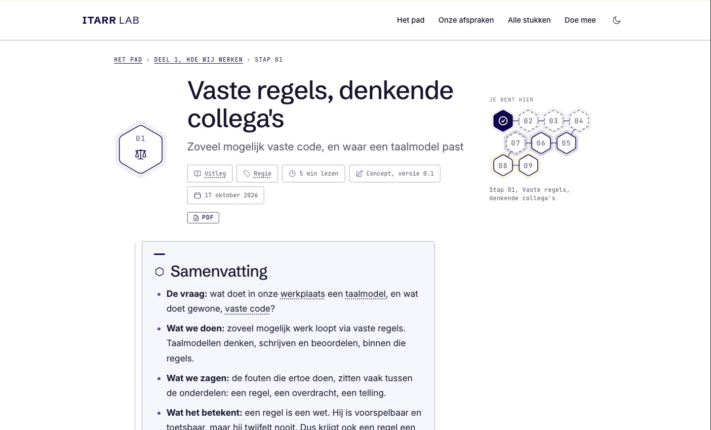 Een webpagina met de titel Vaste regels, denkende collega's, links een zeshoek met nummer 01 en rechts een kleine raat met de stappen.