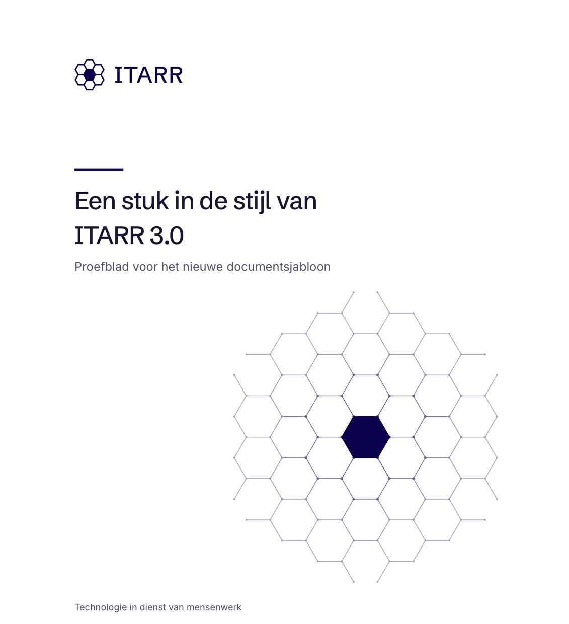 De omslag van een proefdocument met het nieuwe ITARR-logo linksboven, een lichte titel en een raat van zeshoeken met één gevulde cel.
