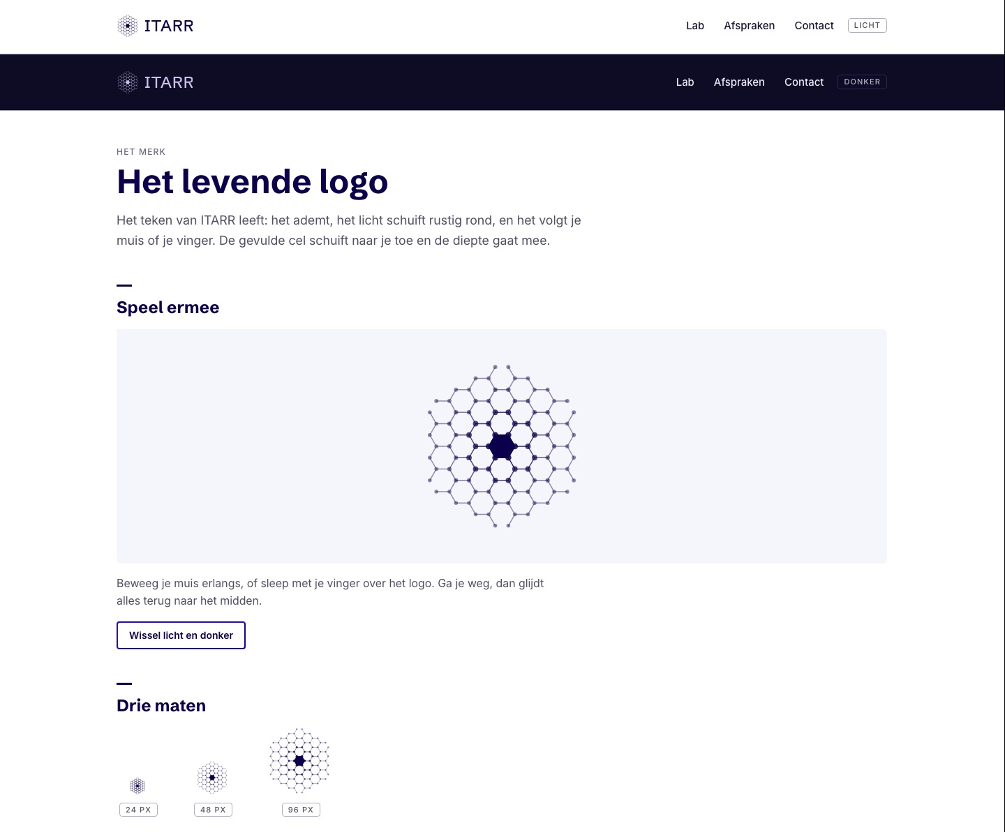 Een webpagina met de kop Het levende logo, een groot fijn zeshoekig teken in een vak, en het teken in drie maten.