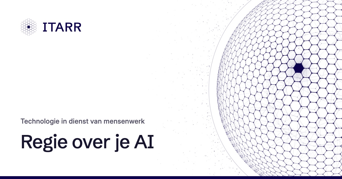 Een wit vlak met linksboven het logo, links onderin de titel Regie over je AI, en rechts een groot rond raster van zeshoeken.