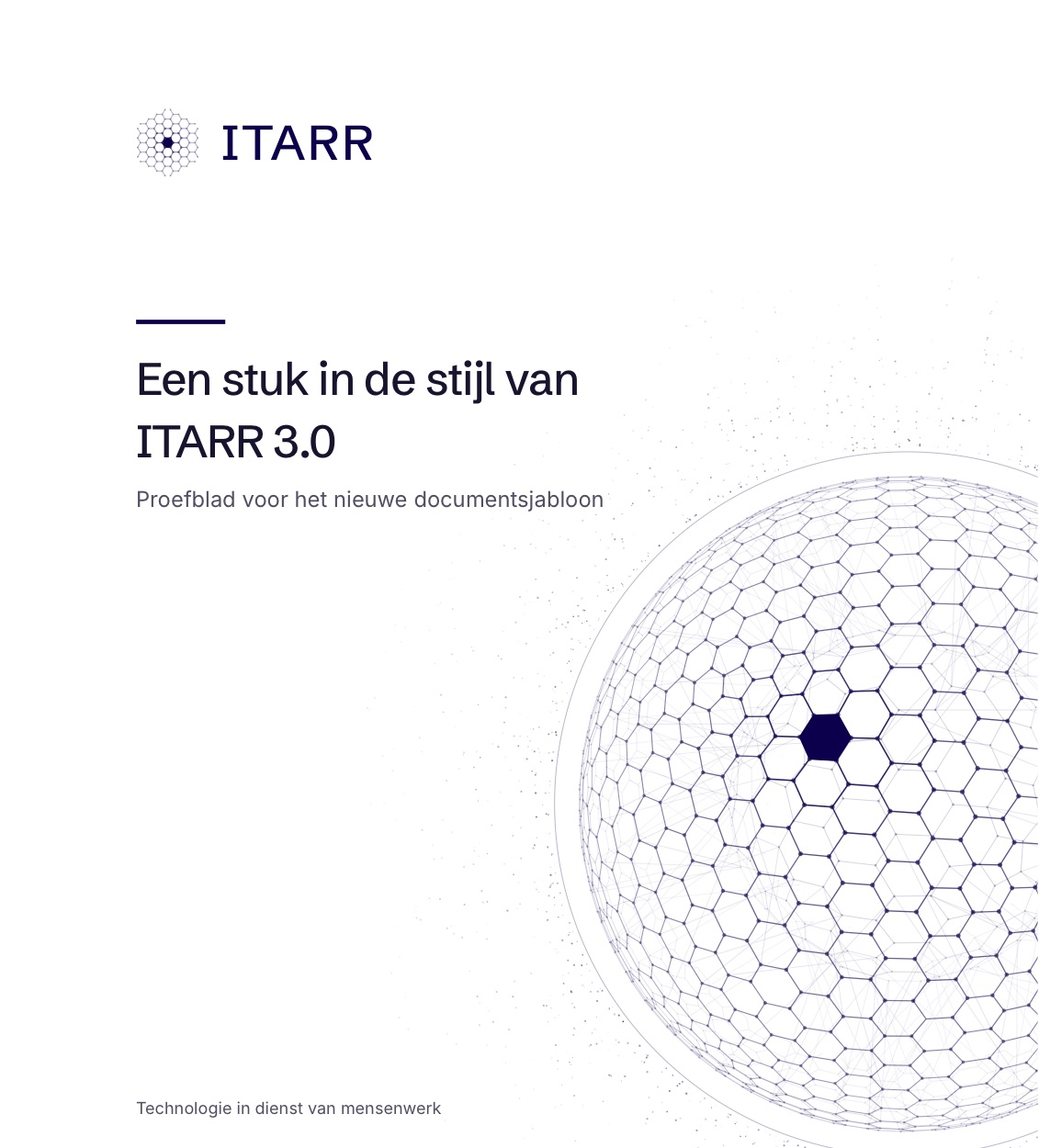 De omslag van een proefdocument met het logo linksboven en rechts een groot rond raster van zeshoeken dat over de rand van de pagina loopt.